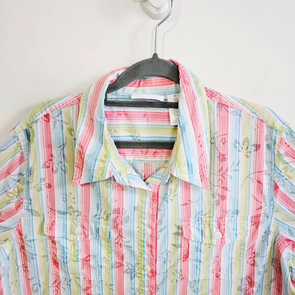 Alfred Dunner Womens Size 16 Button Front Blouse Multicolor Summer Stripe Floral - Picture 2 of 6